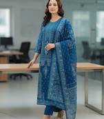 Blue Women Ethnic Motifs Printed Kurta with Trousers & Dupatta Cotton Set