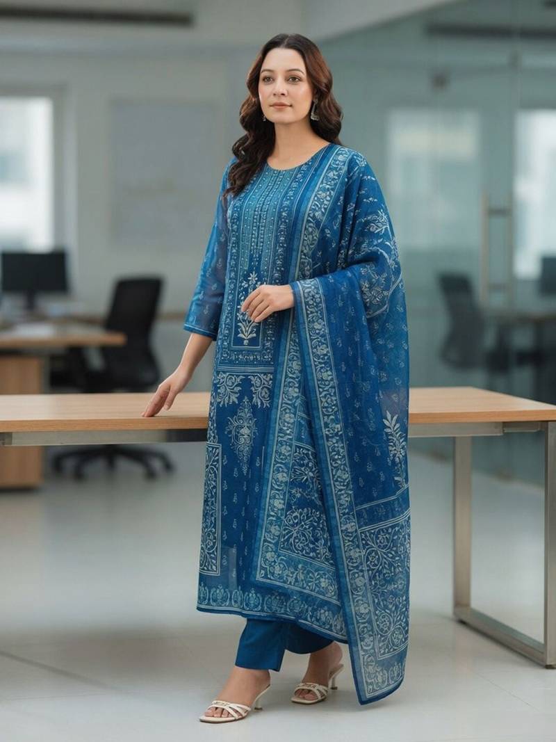 Blue Women Ethnic Motifs Printed Kurta with Trousers & Dupatta Cotton Set