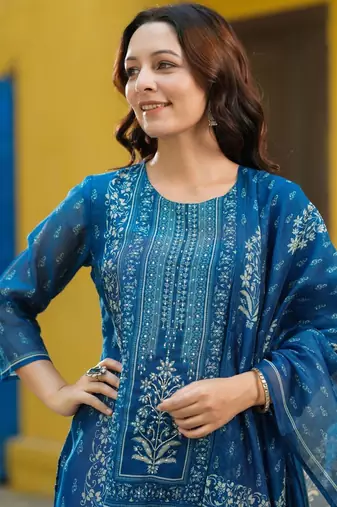 Blue Women Ethnic Motifs Printed Kurta with Trousers & Dupatta Cotton Set