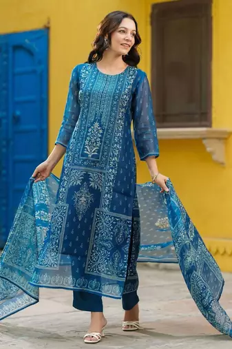 Blue Women Ethnic Motifs Printed Kurta with Trousers & Dupatta Cotton Set