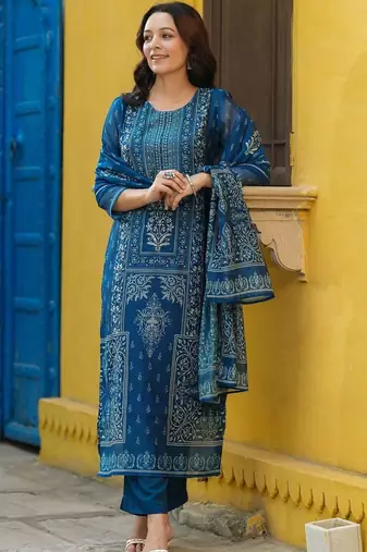 Blue Women Ethnic Motifs Printed Kurta with Trousers & Dupatta Cotton Set