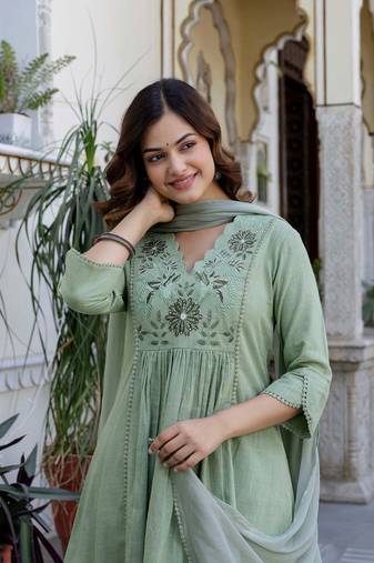 Green Floral Yoke Design V-Neck Empire Aari Work Cotton Kurta with Pyjamas & Dupatta