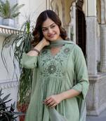 Green Floral Yoke Design V-Neck Empire Aari Work Cotton Kurta with Pyjamas & Dupatta