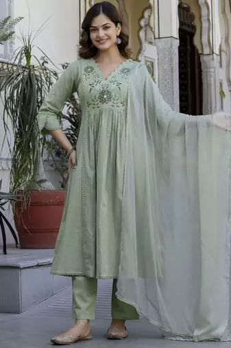 Green Floral Yoke Design V-Neck Empire Aari Work Cotton Kurta with Pyjamas & Dupatta