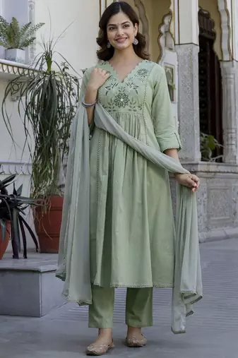 Green Floral Yoke Design V-Neck Empire Aari Work Cotton Kurta with Pyjamas & Dupatta