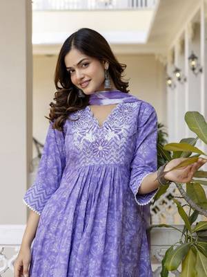 Purple Floral Embroidered Sequinned Empire A-Line Anarkali Cotton Kurta With Trousers & Dupatta 1