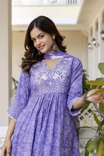 Purple Floral Embroidered Sequinned Empire A-Line Anarkali Cotton Kurta With Trousers & Dupatta