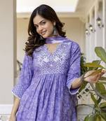 Purple Floral Embroidered Sequinned Empire A-Line Anarkali Cotton Kurta With Trousers & Dupatta