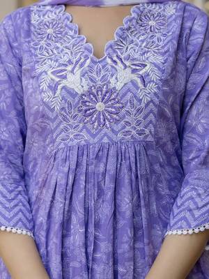 Purple Floral Embroidered Sequinned Empire A-Line Anarkali Cotton Kurta With Trousers & Dupatta 2