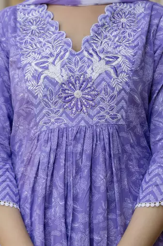 Purple Floral Embroidered Sequinned Empire A-Line Anarkali Cotton Kurta With Trousers & Dupatta
