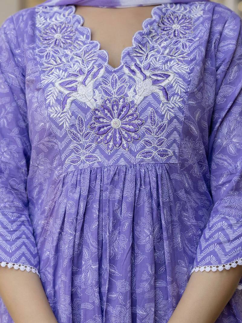 Purple Floral Embroidered Sequinned Empire A-Line Anarkali Cotton Kurta With Trousers & Dupatta