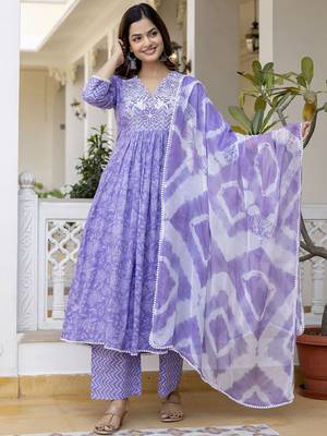 Purple Floral Embroidered Sequinned Empire A-Line Anarkali Cotton Kurta With Trousers & Dupatta 3