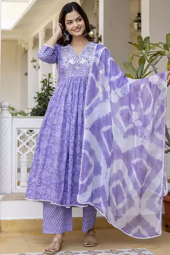 Purple Floral Embroidered Sequinned Empire A-Line Anarkali Cotton Kurta With Trousers & Dupatta