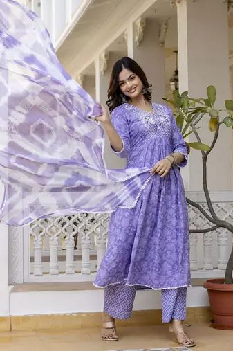 Purple Floral Embroidered Sequinned Empire A-Line Anarkali Cotton Kurta With Trousers & Dupatta