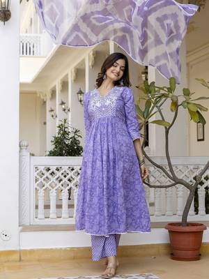 Purple Floral Embroidered Sequinned Empire A-Line Anarkali Cotton Kurta With Trousers & Dupatta 5