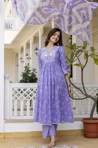 Purple Floral Embroidered Sequinned Empire A-Line Anarkali Cotton Kurta With Trousers & Dupatta