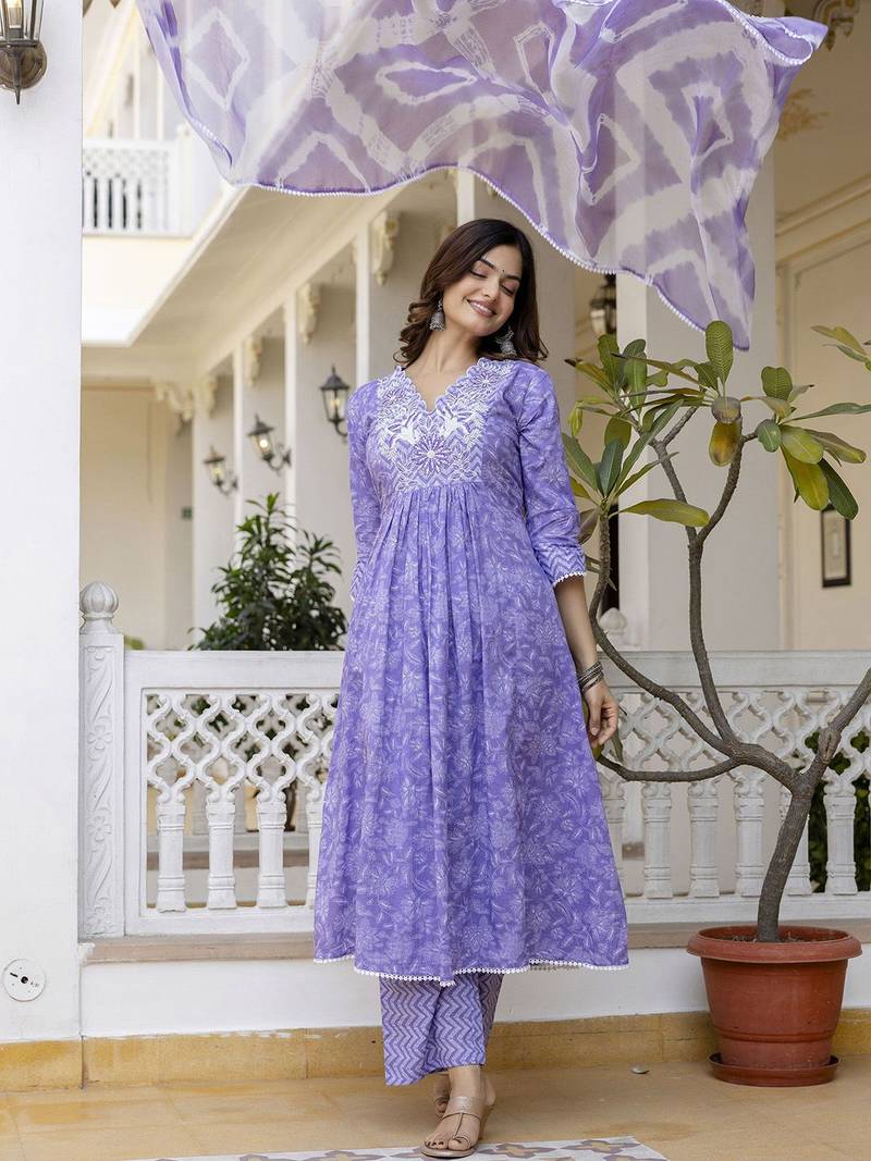 Purple Floral Embroidered Sequinned Empire A-Line Anarkali Cotton Kurta With Trousers & Dupatta