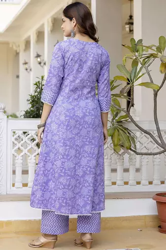Purple Floral Embroidered Sequinned Empire A-Line Anarkali Cotton Kurta With Trousers & Dupatta