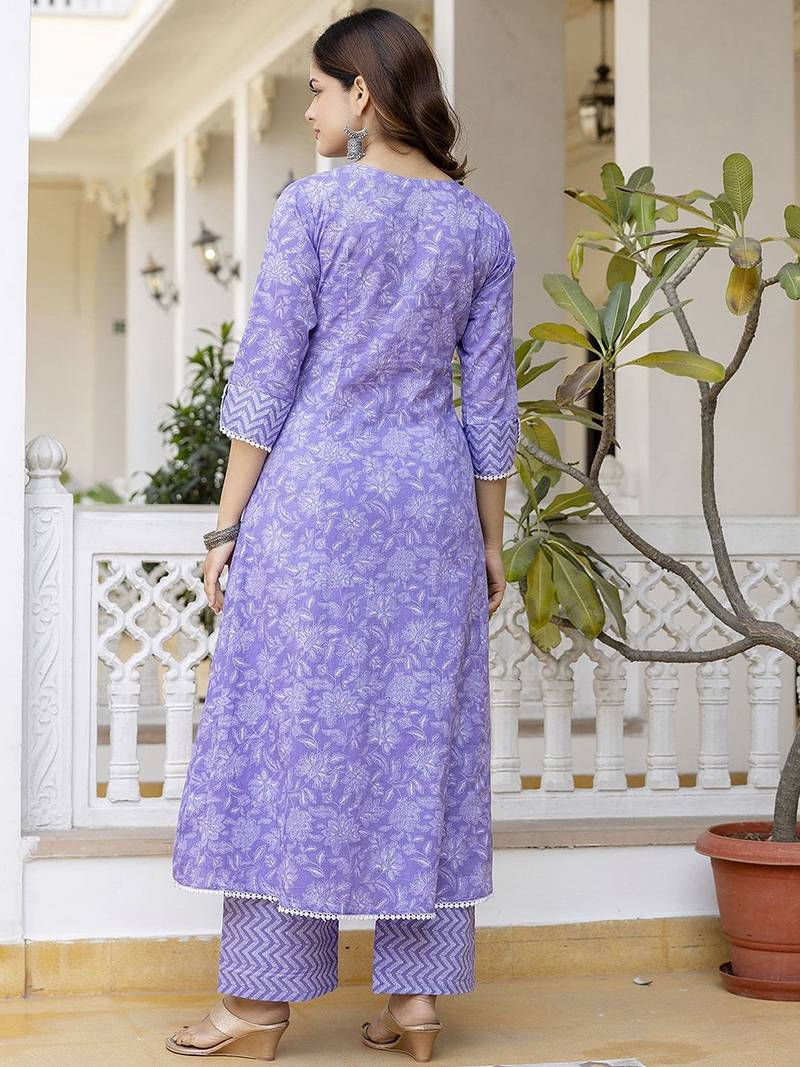 Purple Floral Embroidered Sequinned Empire A-Line Anarkali Cotton Kurta With Trousers & Dupatta