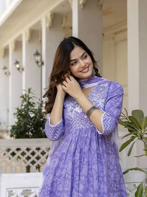 Purple Floral Embroidered Sequinned Empire A-Line Anarkali Cotton Kurta With Trousers & Dupatta 7