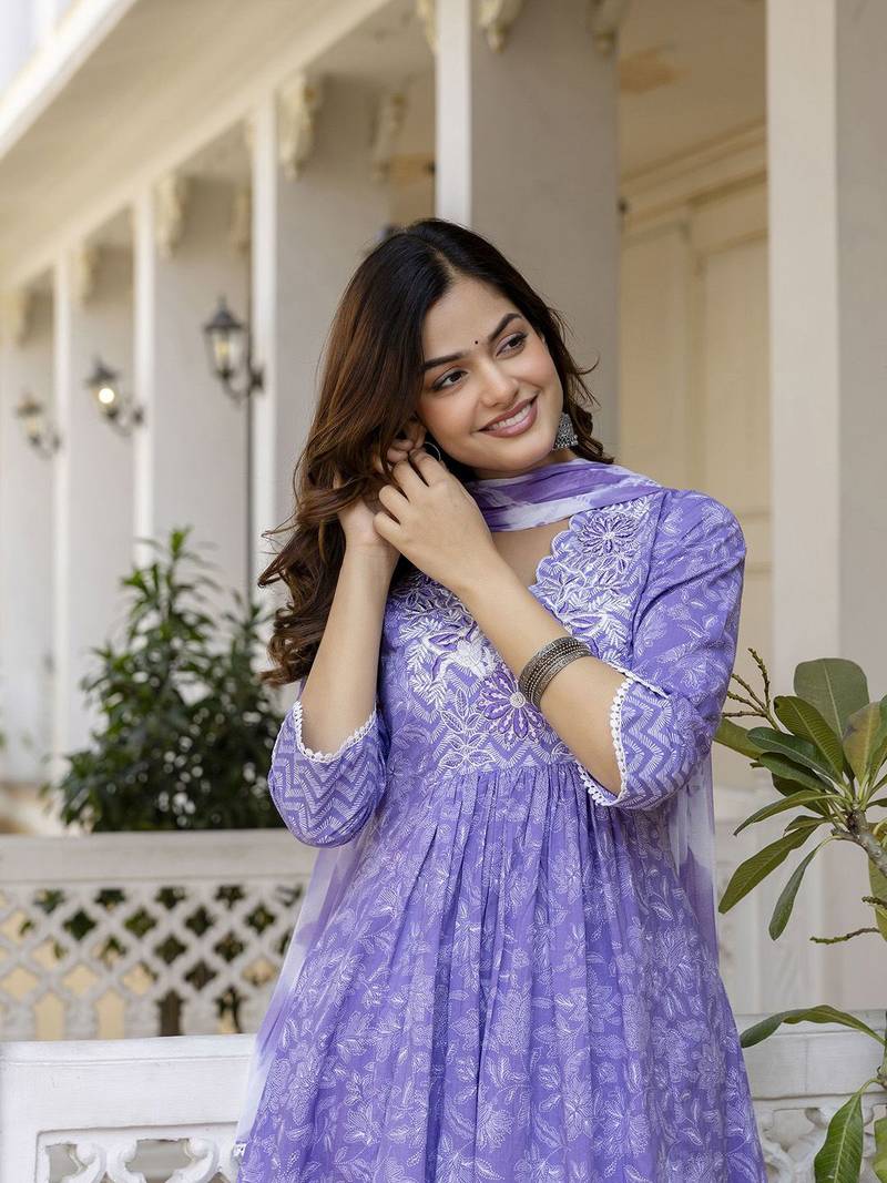 Purple Floral Embroidered Sequinned Empire A-Line Anarkali Cotton Kurta With Trousers & Dupatta