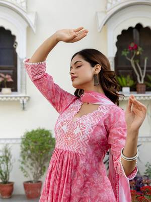 Pink Women Floral Embroidered Thread Work Anarkali Cotton Kurta Trousers & With Dupatta 1