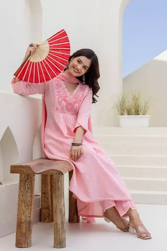 Baby Pink Women Floral Embroidered Anarkali Cotton Kurta with Trousers & Dupatta