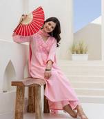 Baby Pink Women Floral Embroidered Anarkali Cotton Kurta with Trousers & Dupatta