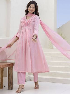 Baby Pink Women Floral Embroidered Anarkali Cotton Kurta with Trousers & Dupatta 2