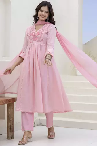Baby Pink Women Floral Embroidered Anarkali Cotton Kurta with Trousers & Dupatta