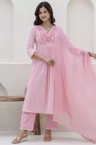 Baby Pink Women Floral Embroidered Anarkali Cotton Kurta with Trousers & Dupatta