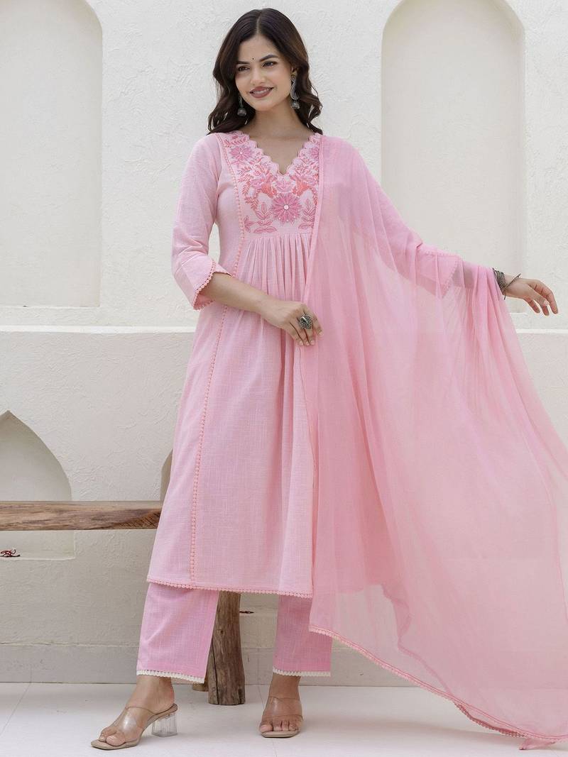 Baby Pink Women Floral Embroidered Anarkali Cotton Kurta with Trousers & Dupatta
