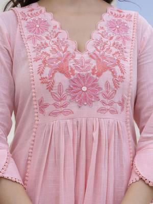Baby Pink Women Floral Embroidered Anarkali Cotton Kurta with Trousers & Dupatta 4