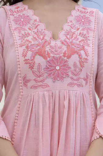 Baby Pink Women Floral Embroidered Anarkali Cotton Kurta with Trousers & Dupatta