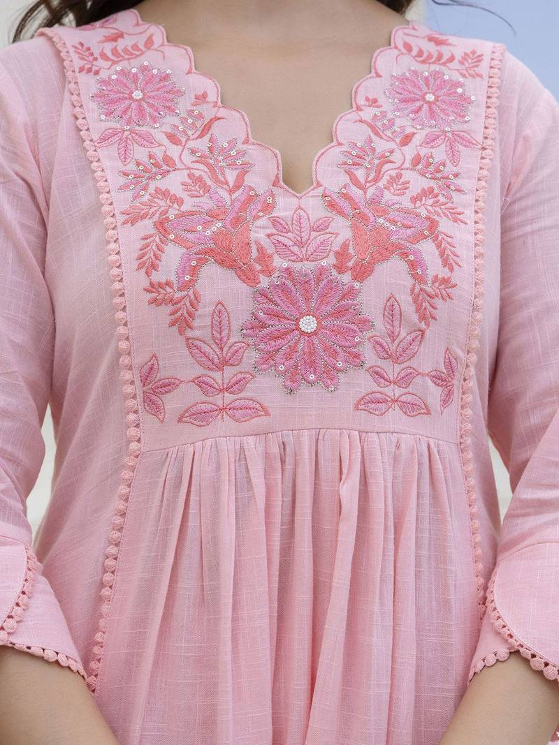 Baby Pink Women Floral Embroidered Anarkali Cotton Kurta with Trousers & Dupatta