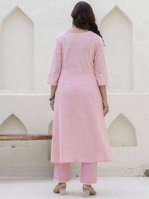 Baby Pink Women Floral Embroidered Anarkali Cotton Kurta with Trousers & Dupatta 5