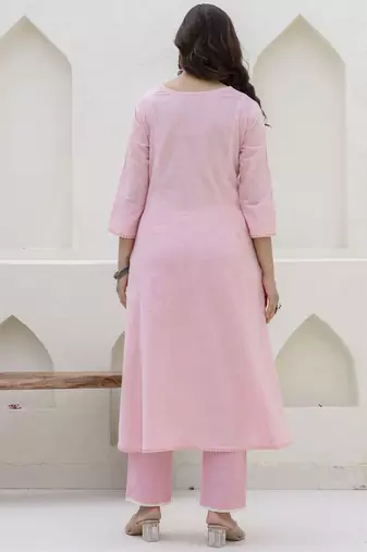 Baby Pink Women Floral Embroidered Anarkali Cotton Kurta with Trousers & Dupatta