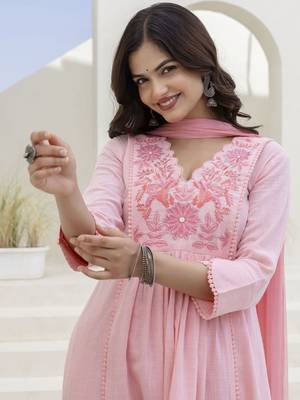 Baby Pink Women Floral Embroidered Anarkali Cotton Kurta with Trousers & Dupatta 6