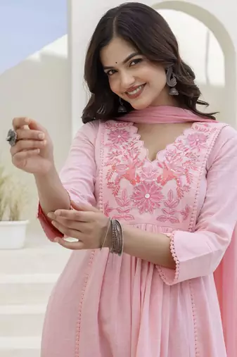 Baby Pink Women Floral Embroidered Anarkali Cotton Kurta with Trousers & Dupatta