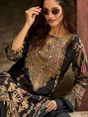 Black Ethnic Motifs Printed Silk Blend Straight Kurta With Trousers & Dupatta 1
