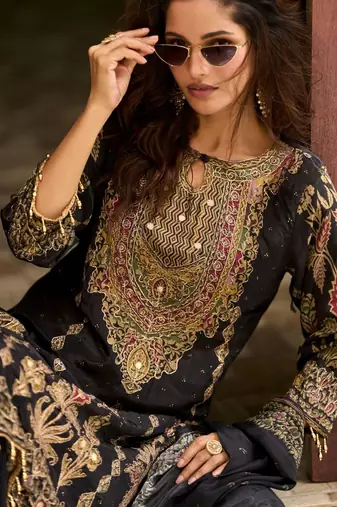 Black Ethnic Motifs Printed Silk Blend Straight Kurta With Trousers & Dupatta