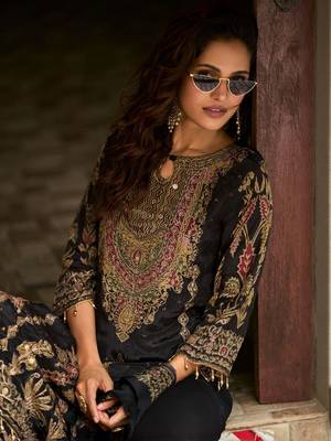 Black Ethnic Motifs Printed Silk Blend Straight Kurta With Trousers & Dupatta 2