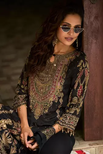 Black Ethnic Motifs Printed Silk Blend Straight Kurta With Trousers & Dupatta