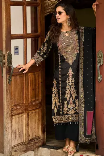 Black Ethnic Motifs Printed Silk Blend Straight Kurta With Trousers & Dupatta