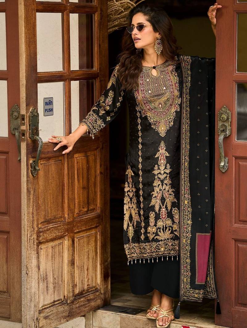Black Ethnic Motifs Printed Silk Blend Straight Kurta With Trousers & Dupatta