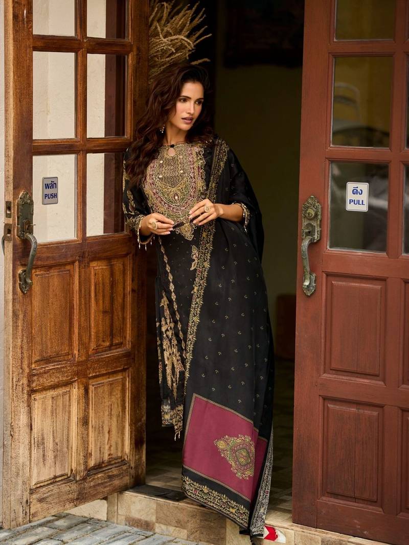 Black Ethnic Motifs Printed Silk Blend Straight Kurta With Trousers & Dupatta