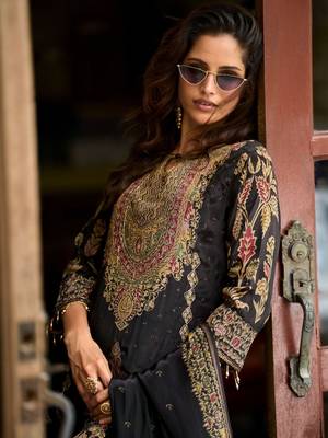 Black Ethnic Motifs Printed Silk Blend Straight Kurta With Trousers & Dupatta 6
