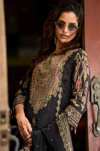 Black Ethnic Motifs Printed Silk Blend Straight Kurta With Trousers & Dupatta