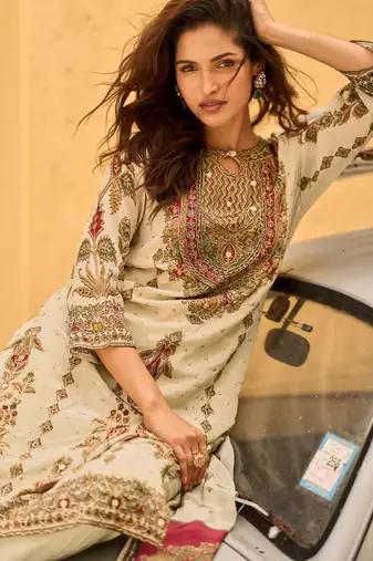 Off White Ethnic Motifs Printed Round Neck Silk Blend Straight Kurta With Trousers & Dupatta