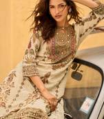 Off White Ethnic Motifs Printed Round Neck Silk Blend Straight Kurta With Trousers & Dupatta